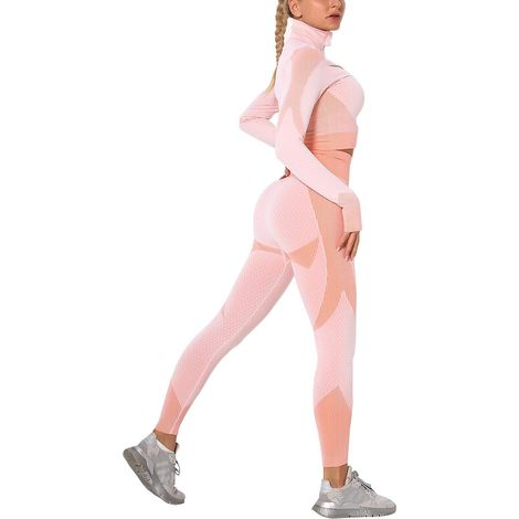 Ensemble de survêtement 2 pièces pour femme : legging taille haute et crop top à manches longues, idéal pour le yoga et les activités physiques, avec fermeture éclair sur le devant. (1/5)
