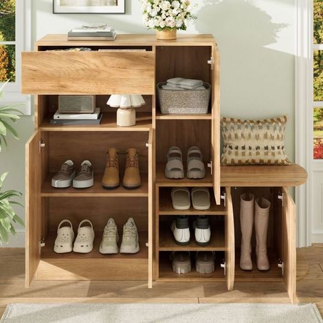 Meuble À Chaussures 130x35x110.5cm 5 Portes 1 Tiroir Niche - Banc À Chaussures - Design Scandinave Naturel Grand Rangement En MDF (1/5)