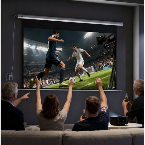 Pantalla de proyección motorizada 251x8x168 cm blanca para cine en casa con mando - MEUBLIV (1/5)