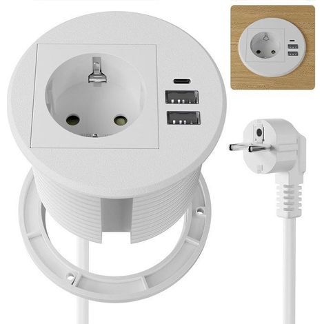 Multiprise Encastrable, avec 1 Prise, 2 USB-A et 1 USB-C, Ø 80mm, Pour Bureaux, Plans de Travail, Meubles, Blanc (1/5)