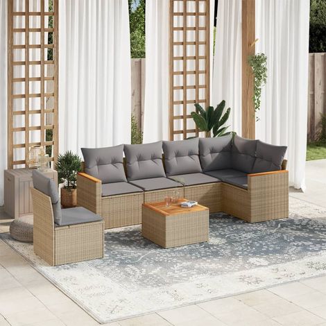 Set sofás de jardín 7 piezas y cojines ratán sintético beige vidaXL (1/3)