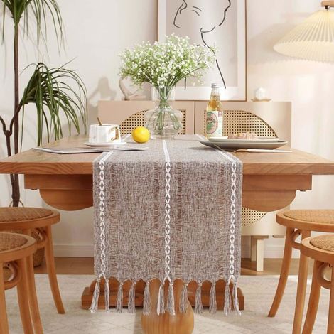 Chemin de table rustique marron - KAGOLOW - 33 x 228 cm - Tressé - Avec pompons - 100 % polyester - Style vintage (1/5)