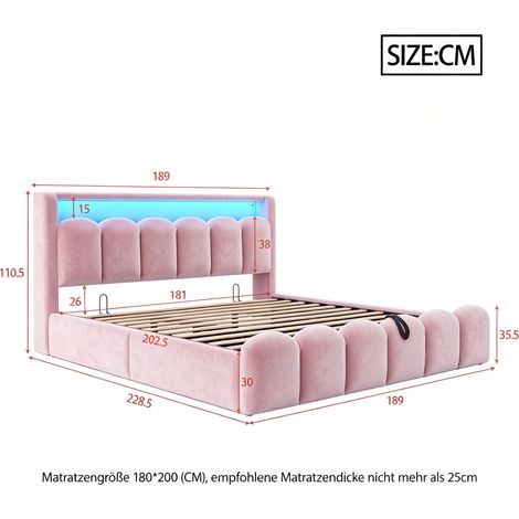 Doppelbett 180x200 cm aus rosa Samt mit hydraulischem Stauraum, ohne Matratze – MEUBLIV (1/5)