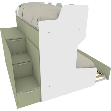 Letto a castello salvaspazio con scala contenitore - 1 Piazza e mezza + singolo - Bianco e Salvia