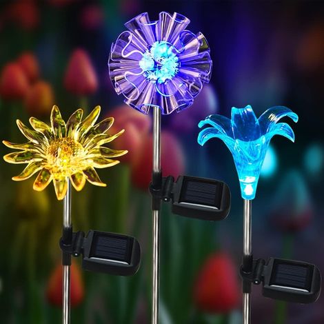Solar Garden Lights - Flower-Shaped Stake Lights - Color-Changing LED - For Outdoor Path Lawn Flower Bed Decoration - Pack of 3 (1/5)
