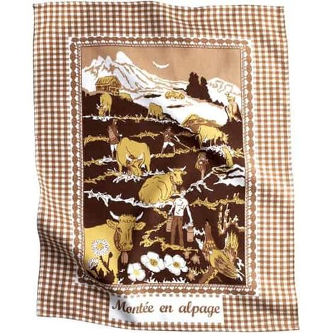 Torchon de cuisine « Montée en Alpage » – Esprit Montagne – Rouge ou Marron – 100 % Coton - 50x70cm - Marron clair