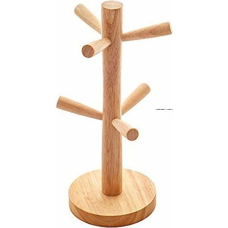 Porte-tasses en bois en forme d'arbre à tasses - Support de table en bois - Support de rangement - Fournitures de cuisine pour thé et café - Crochets (6 tasses) (1/5)
