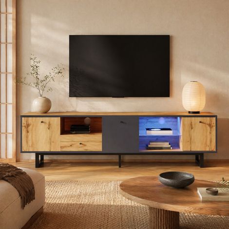 Lowboard TV mit LED, 190 x 40 x 50 cm, 3 Türen, 1 Schublade, Eiche/Anthrazit HAVRYA (1/5)