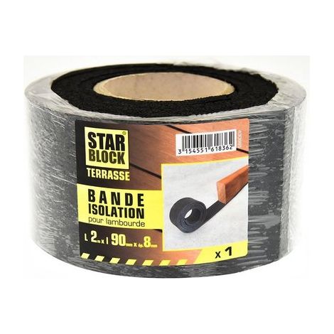Starblock Bande d'isolation pour lambourde terrasse, L.2m x l.90mm, Caoutchouc de 8 mm, Protection contre l'eau