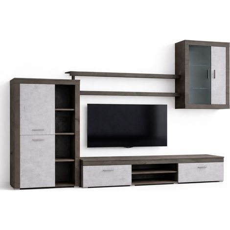 Parete Attrezzata Mobile Soggiorno Moderno Con Base TV 2 Ante Pensile 4 Ante e 2 Mensole Design Contemporaneo in Melaminico Facile da Pulire 200 x 194 x 40 cm Ossido E Grigio Cemento