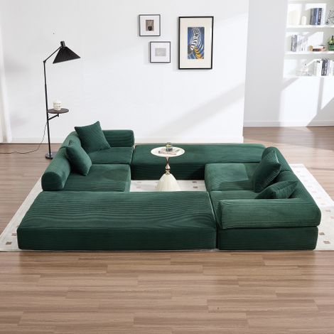 Gemütliches Familiensofa mit Stauraum & modularer Funktion – vakuumverpackt für mühelose Montage, frei kombinierbare Module und haustierfreundlich. Perfekt für entspannte Momente. Smaragdgrün