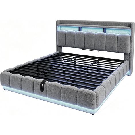 Lit double 180x200 cm avec rangement hydraulique, revêtement en tissu lammy, éclairage LED et prise USB, cadre en métal, gris sans matelas (1/5)