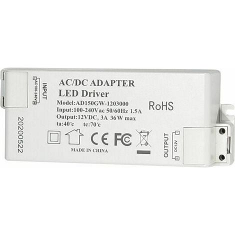 Transformateur Led - 36 W - 12 V Cc - Entrée 100-240 V Ac - Protection Surcharge Et Court-Circuit - Pour Bande Led Guirlande Et Ampoule Led - 1 Pièce