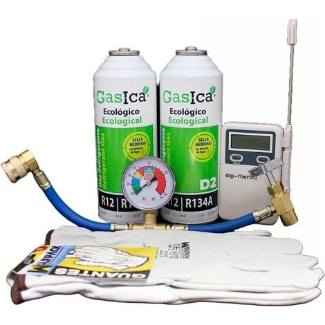 PACK 2 botellas Gasica D2 Gas refrigerante sustituto R12 y R134A y manguera con manómetro, guantes y termómetro