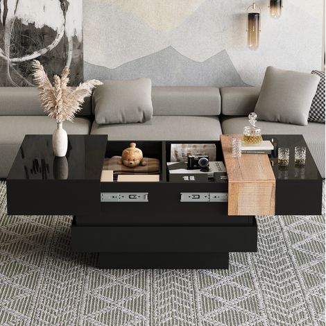 Quadratischer Couchtisch 70 x 70 x 39 cm, Schwarz, Schiebeplatte, MEUBLIV (1/5)