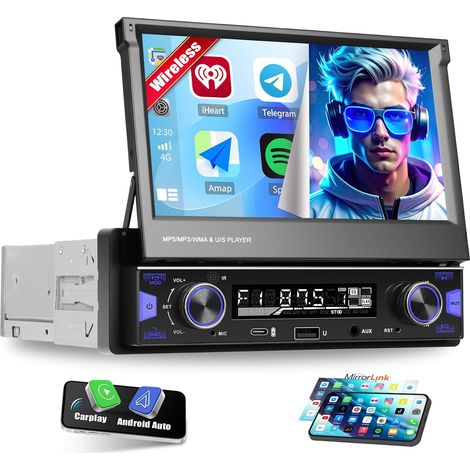 1 Din Autoradio avec sans Fil Carplay HD Écran Tactile, 7 Pouces Bluetooth Radio Manuelle Écran Rétractable avec Wireless Android Auto FM/AM/RDS Mains Libres Mirror Link Commandes au Volant (1/5)