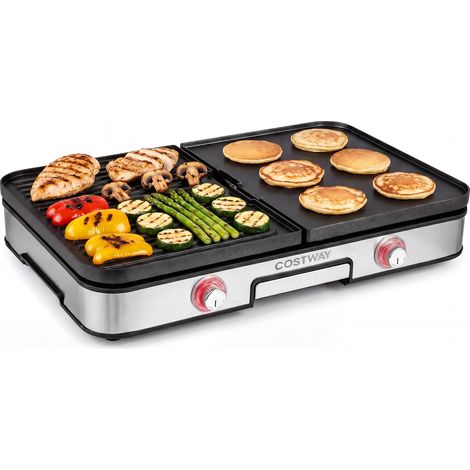 COSTWAY 3 en 1 Plancha Électrique 2000W, Double Zone, Plancha Grills avec 2 Plaques Réversibles, Protection Contre les Éclaboussures, Bac à Graisse Amovible, pour Intérieur et Extérieur (1/5)