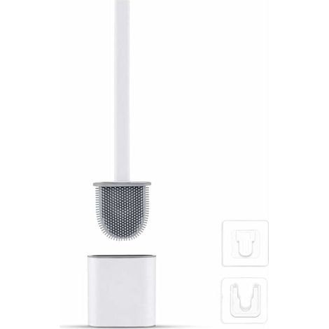 Brosse WC Silicone Plate- Brosse Toilette et Supports, Anti-goutte, Antibactérienne, Balayette WC Ventilée, Séchage Rapide sans Odeur, Balai WC Montage Mural/au Sol, Salle de Bain et WC Blanc-- (1/5)