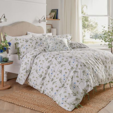 Ensemble De Housse De Couette 100% Coton Délavé Motif Floral avec Fermetures à Nœud Blanc/Bleuet King UK Standard 230x220cm (1/5)