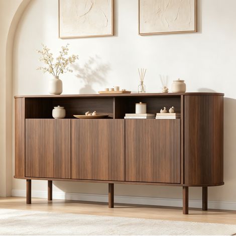 Mueble TV 160x40x78,5 cm con 3 puertas onduladas y 2 nichos abiertos, tablero de partículas, color nogal (1/5)