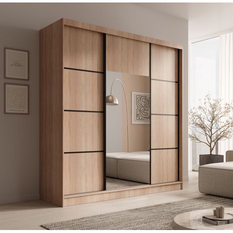 Schiebetürenschrank Schrank ALFA in Sonoma- Tür Applikation Schwarz 200x215x61 cm (1/4)