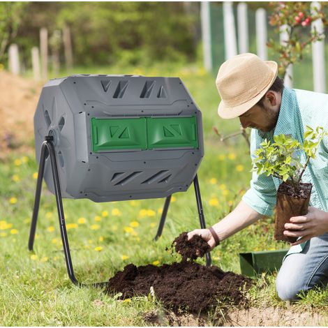 Compostador giratorio de 2 cámaras (71x65x96 cm), sistema de ventilación, acero, gris (1/5)