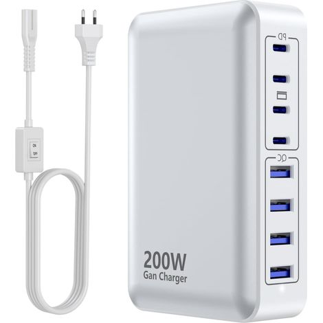 Chargeur USB-C 200 W, hub de Charge Rapide GaN à 8 Ports, Adaptateur PD 65 W pour Ordinateur Portable, Compatible avec MacBook Pro/Air, Dell, Steam Deck, iPhone 16/15/14, Galaxy S24 (Blanc) (1/5)