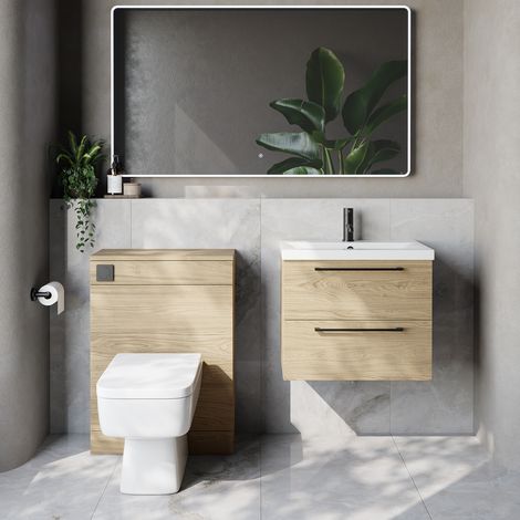 Napoli 390 Cento Light Oak 1200mm Wall Mounted 2 Drawer Vanity Unit and Toilet Suite with Glide Basin - 1200mm - Matt Black 320mm HandleWith Kingston Toilet Pan and Seat