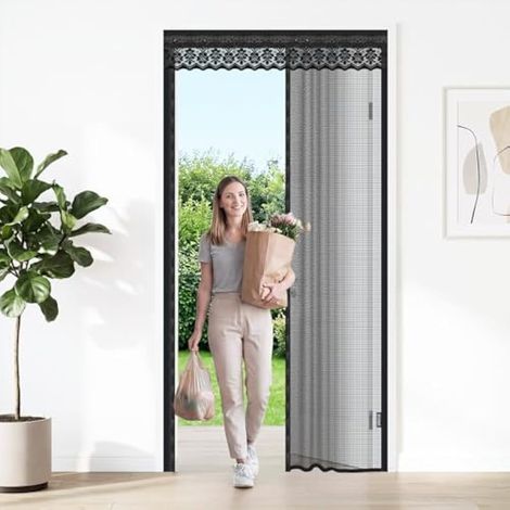 Moustiquaire magnétique 90 x 210 cm, porte-fenêtre rétractable, fermeture automatique, résistante aux déchirures, sans perçage, pour balcon, terrasse, portes-fenêtres et portes coulissantes (1/5)