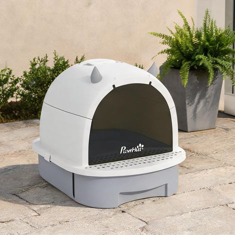 Litière fermée en plastique gris pour chat avec porte et pédale (1/5)