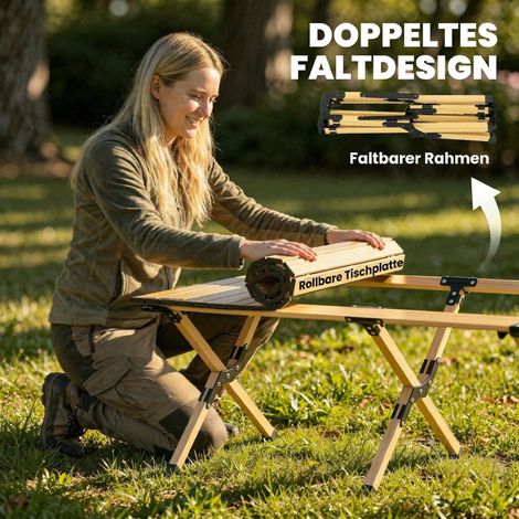 Table pliante de camping 117x60 cm, table en aluminium avec plateau enroulable imitation bois, sac de transport imperméable inclus.