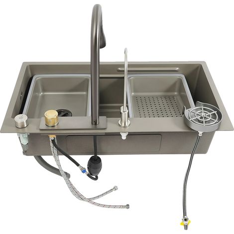 Évier de cuisine encastré, en acier inoxydable, double cuve, Gris (1/2)
