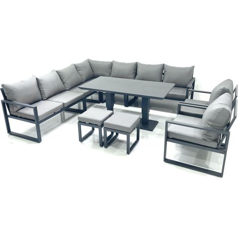 Fimous 11 Seater Outdoor Aluminum Garden Furniture Set Corner Sofa 2 Chair 2 Small Footstool Adjustable Rising Lifting Dining Table Sets Dark Grey (1/5)