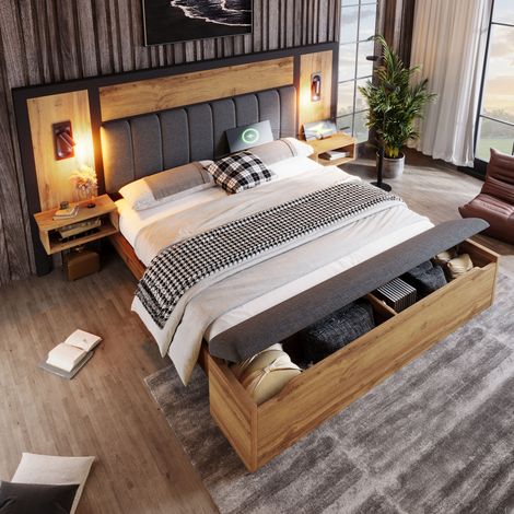 Cama doble moderna 180x200 cm roble, metal y MDF con cabecero de lino, luces de lectura, mesitas USB-C y banco arcón (1/5)