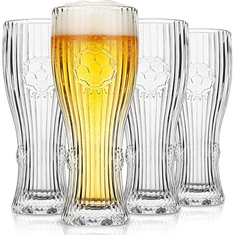Lot de 4 verres à bière Pilsner (44 cl) — Verres à bière classiques sur pied, vaisselle sur le thème du football