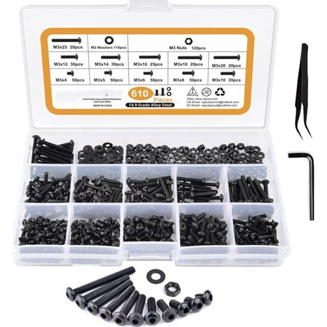 Boulons M3 tête hexagonale et cylindrique, 610 pièces, vis à métaux en acier allié haute résistance 14.9, kit de fixation pour machines, visserie robuste. (1/5)