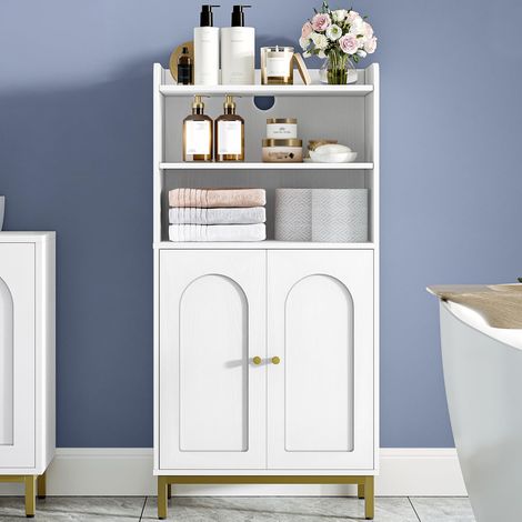 Meuble de Salle de Bain, Armoire de Salle de Bain, Meuble de Rangement avec 2 Portes, avec Compartiment Ouvert, Étagères Réglables, 30 x 50 x 100 cm, Blanc-Doré (1/5)