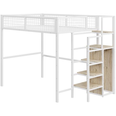 Lit mezzanine  avec échelle, lit enfant avec structure en fer et étagère de rangement, armoire