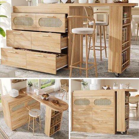 Table de Bar Pivotante 360° Meuble en Rotin PE avec 6 Tiroirs et Rangement pour Cuisine Salon (1/5)