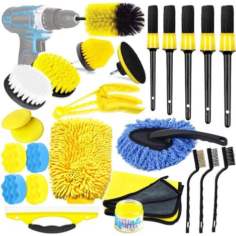 25 Pack, Car Cleaning Kit - Car Interior and Exterior Care Kit - Car Wash Kit with Brushes, Polishing Sponges, Cleaning Gel and More. (excluding electric drill) (1/4)