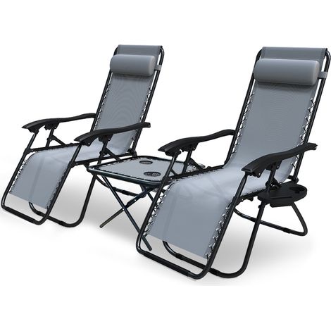 VOUNOT Set of 2 Zero Gravity Chair and Matching Table, Reclining Sun Loungers with Cup & Phone Holder, Grey (1/5)