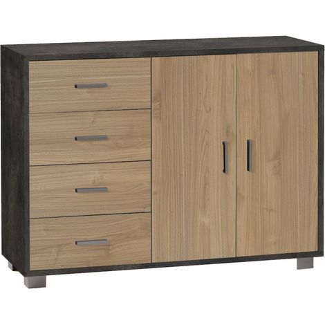 Meuble 2 portes, 4 tiroirs, 116 cm (L) x 41 cm (P) x 86 cm (H), finition noir mat et noyer, Sarmog (1/4)