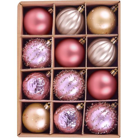Adornos para árbol de Navidad, 12 piezas en 5 acabados: rojo, rosa y dorado, 6 cm. (1/4)