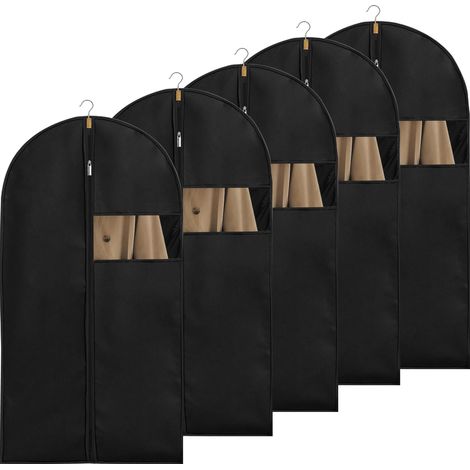 Lot de 5 Housses de Vêtements 100 x 60 cm Anti Poussière Etanche Humidité Pliable Housse Costume avec Fenêtre Transparente Housse Manteau à Suspendre avce Zip pour Chemise, Costume, Manteaux, Noir (1/5)