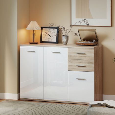 Buffet Salon, 3 Portes et Étagère Réglable, 106 X 35 X 76 cm, Blanc et Bois Naturel (1/5)