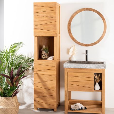 Wanda Collection – Colonne de salle de bain en teck massif 190cm – 2 portes obliques – Rangement spacieux – Style épuré et moderne