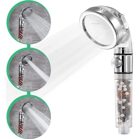 Soffione doccia ad alta pressione con filtro originale, 3 tipi di getto e pulsante di arresto di emergenza (on/off) - solo per soffioni doccia non elettrici - AquaForge (1/4)