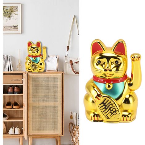 Figura decorativa de gato de la suerte de 10 cm de altura, dorada, con vibración manual, para oficina y hogar. (1/5)