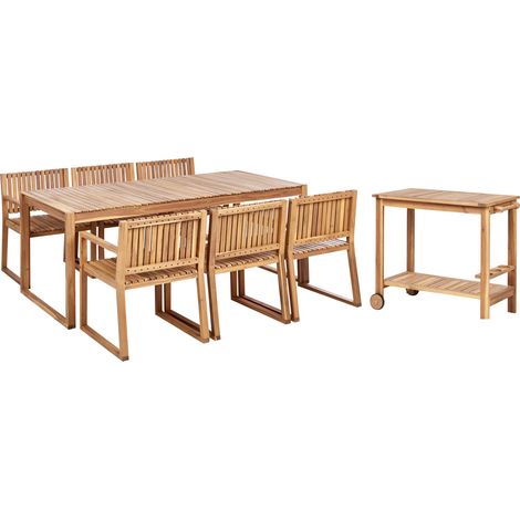 Conjunto de jardín 6 plazas de madera de acacia certificada clara sillas resistente al agua clásico Sassari