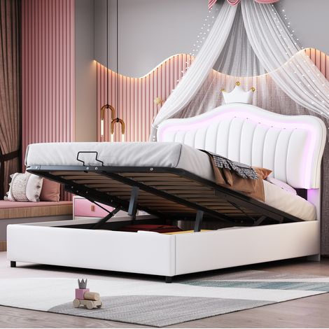 Cama infantil 140x200 cm blanca tapizada en PU con LED y almacenaje hidraulico (1/5)